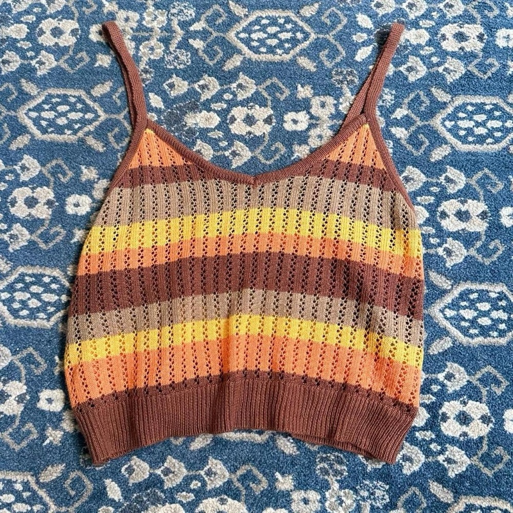 Almost Famous Striped Crochet Knit Crop Tank Top Womens XXL Boho Festival Cami